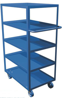 5 shelf cart, 18" x 36", capacity of 1000 lbs, 5" wheels