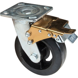 Mold-on rubber swivel w/brake caster, 6" diameter, 500 lbs capacity