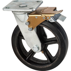 Mold-on rubber swivel w/brake caster, 8" diameter, 600 lbs capacity