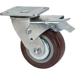 Polyurethane swivel w/brake caster, 5" diameter, 650 lbs capacity