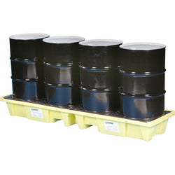 4-drums spill containment pallet with drain, 98" x 25-1/4" x 12" H